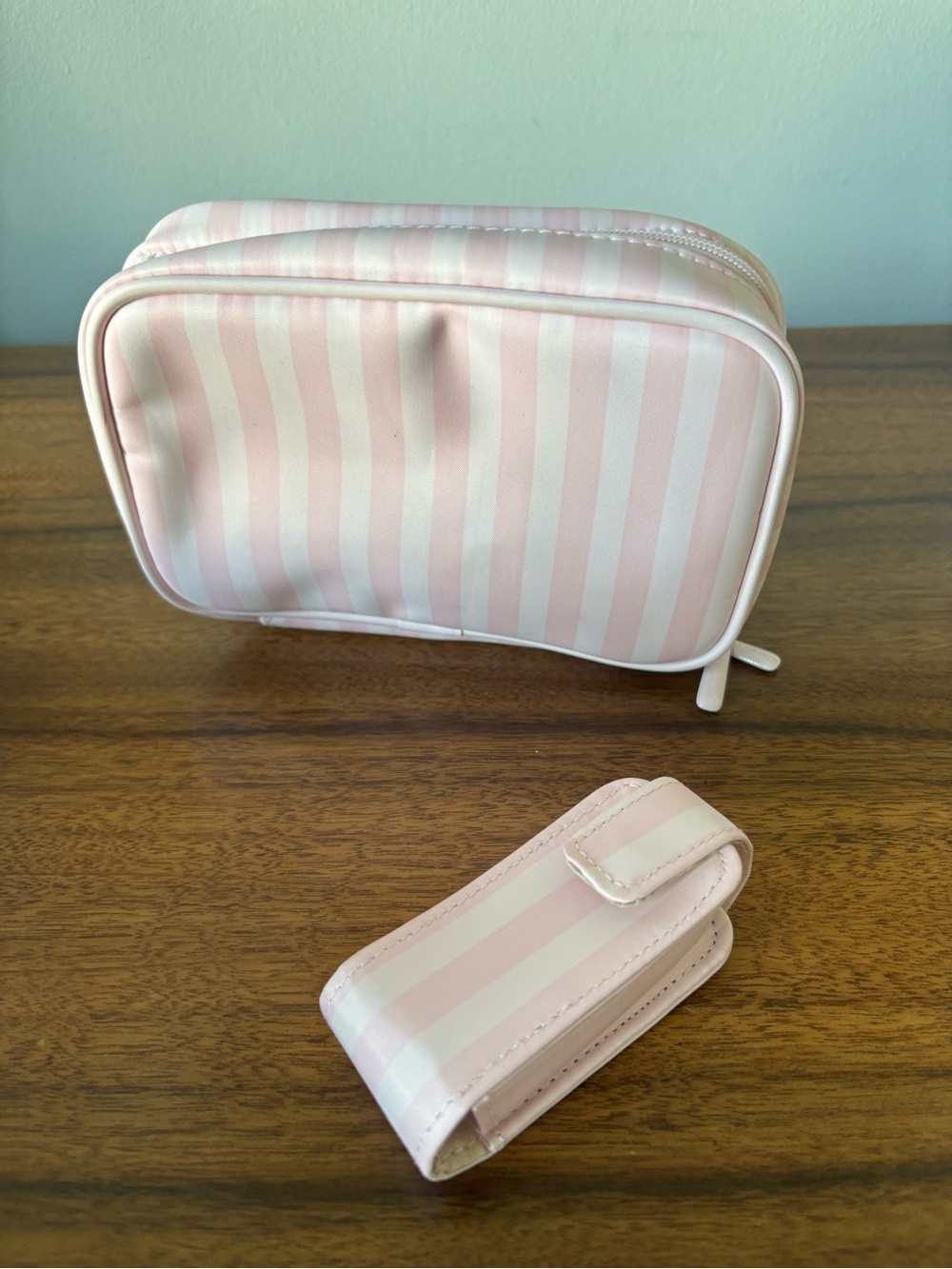 Victoria's Secret Heritage Pink Stripe Travel Makeup Pouch & Lipstick Case Set